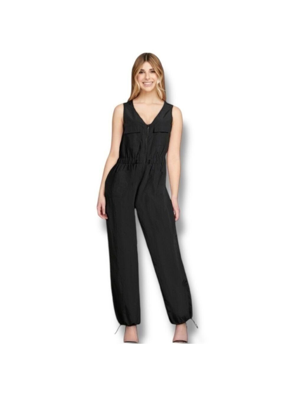 Madden NYC Black Sleeveless Jumpsuit Size Small 100% Nylon 4 Pockets!